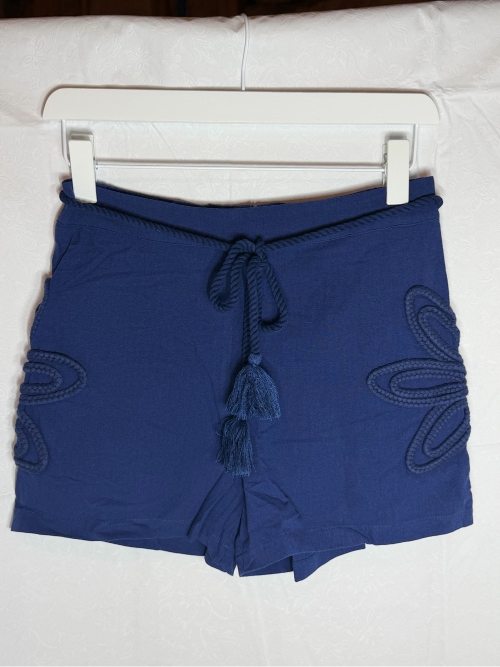 High-Waist Navy Rope-Tie Shorts with Rosette on Sides